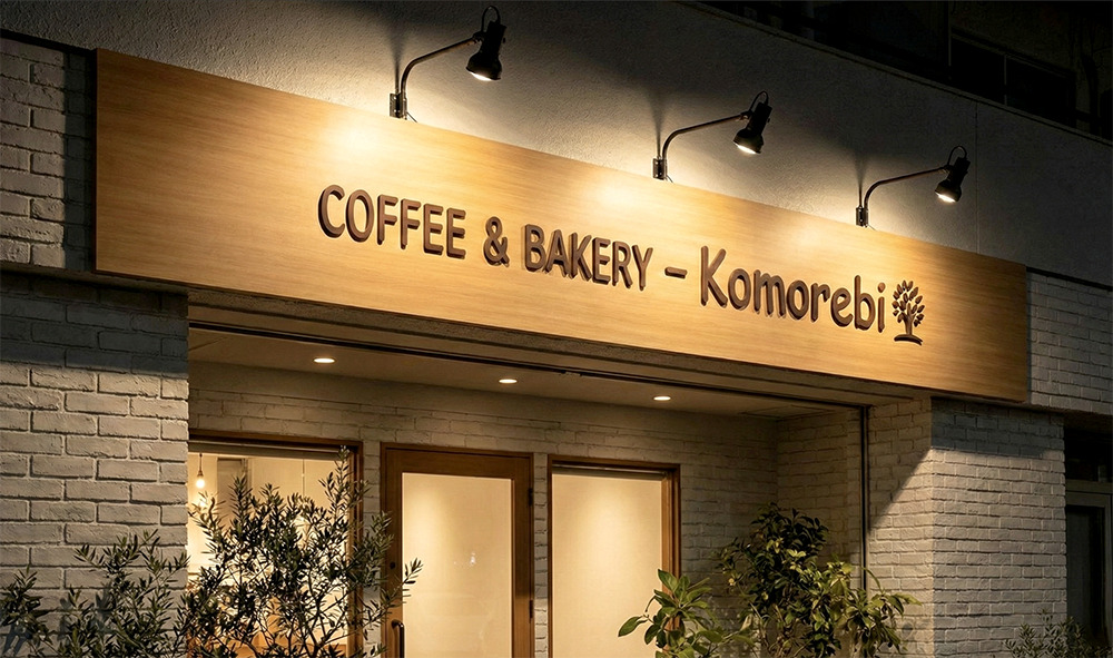 夜間、スポットライトで照らされたファサード看板