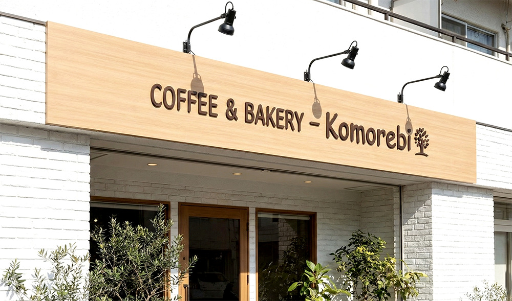 昼間のカフェのアルミ複合板ファサード看板