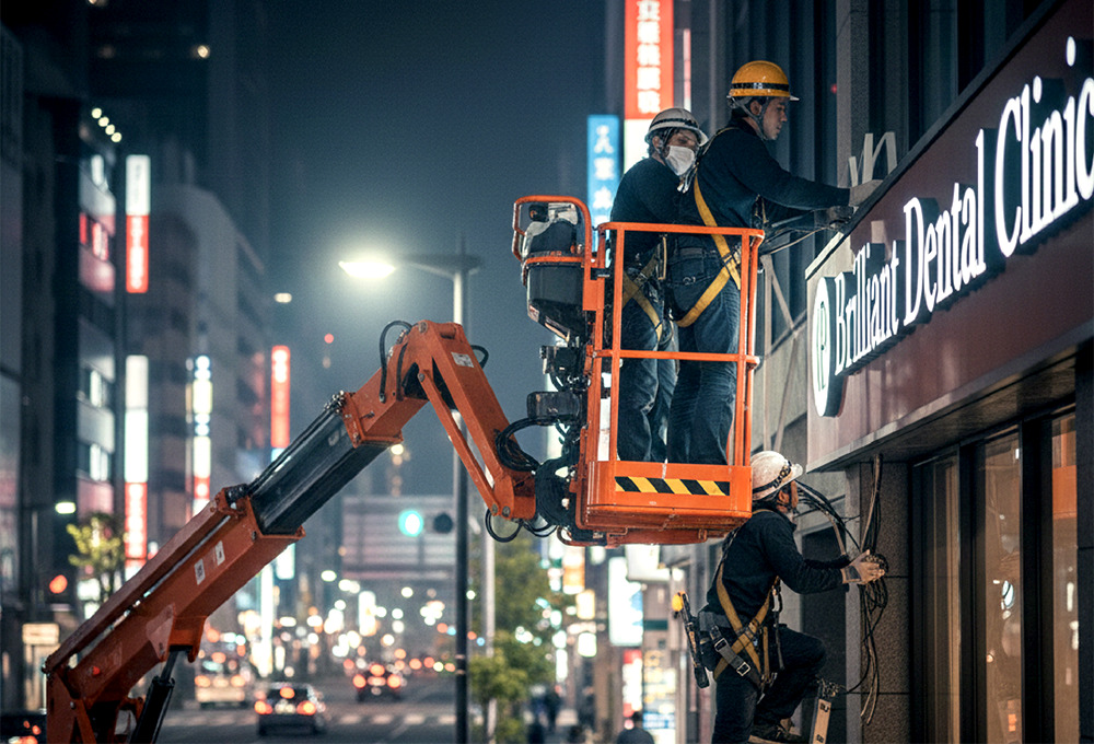 高所作業車を使ったファサード看板の施工作業風景