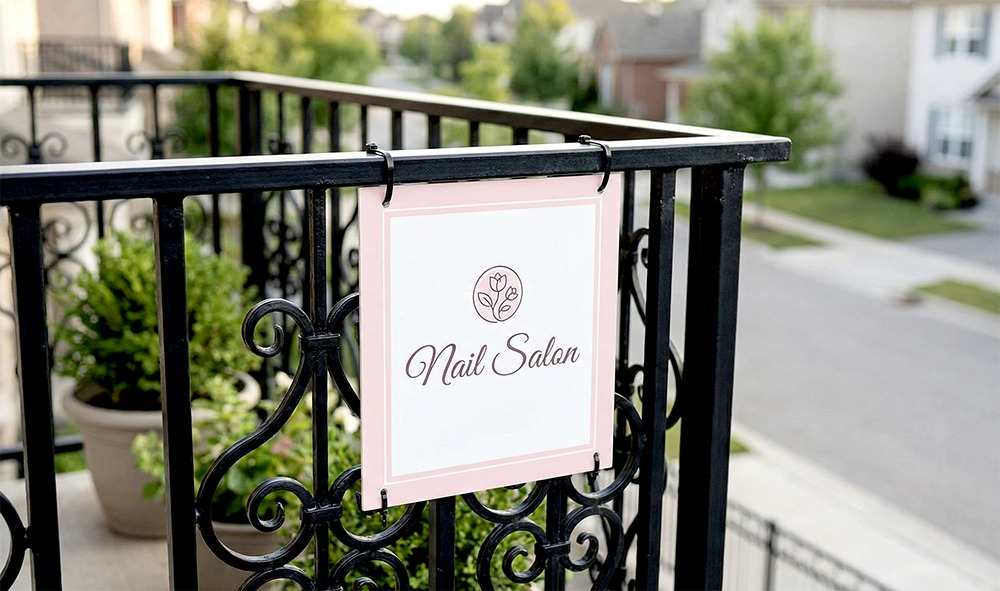自宅ベランダの洋風フェンスに設置されたネイルサロンの正方形看板