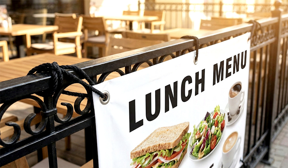 カフェのテラス席フェンスに設置されたランチメニューの横断幕