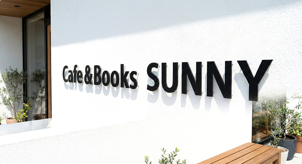 カフェの白い壁に浮かせて取り付けられた黒いアルミ複合板切文字