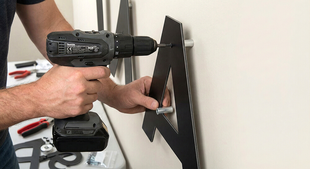 DIYで浮かせパイプを使ってアルミ複合板切文字を取り付けている様子