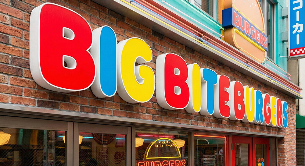 ハンバーガーショップのカラフルで大きなカルプ文字看板