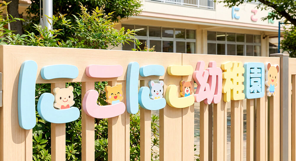 幼稚園の入口にある丸みのある優しい雰囲気のカルプ文字