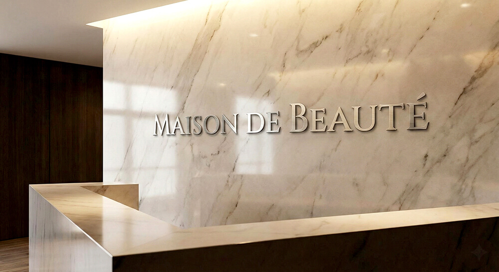 高級美容室の受付にあるヘアライン仕上げのステンレス切文字サイン