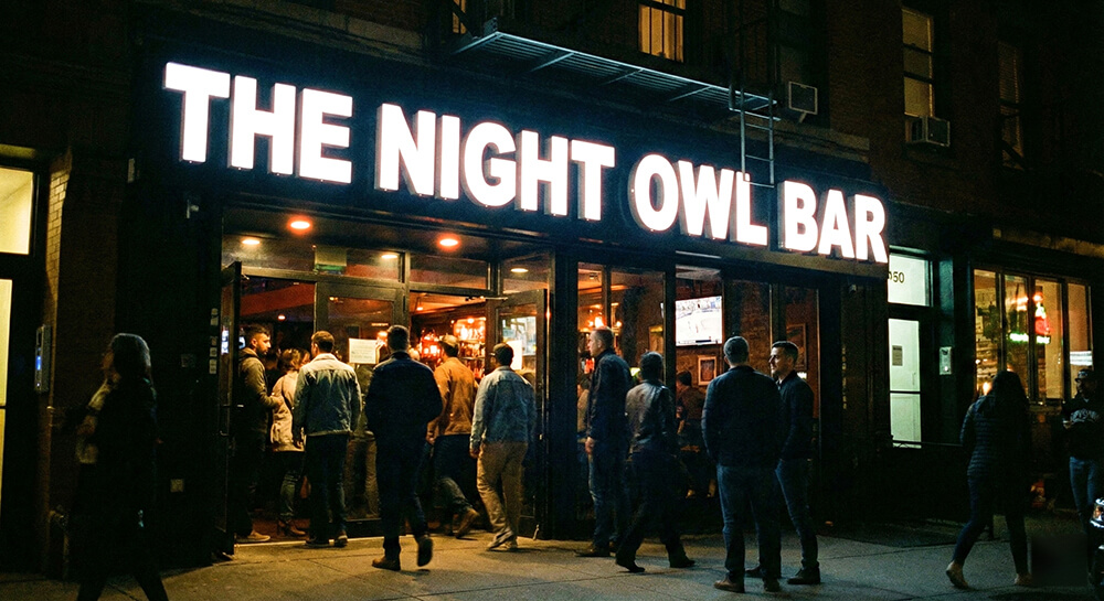 夜のバーの入口で明るく正面が発光しているLEDチャンネル文字