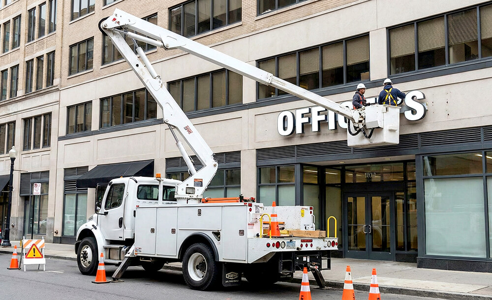高所作業車を使ってビルの高い位置に看板を設置している様子