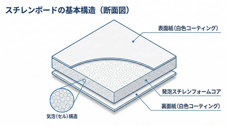 スチレンボードの断面図:表面コート紙・発泡スチレン芯材・裏面コート紙の3層構造