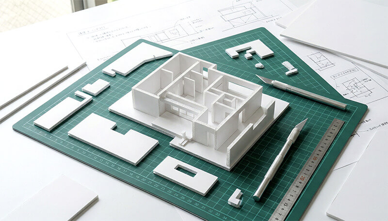 スチレンボードを使った建築模型制作の様子