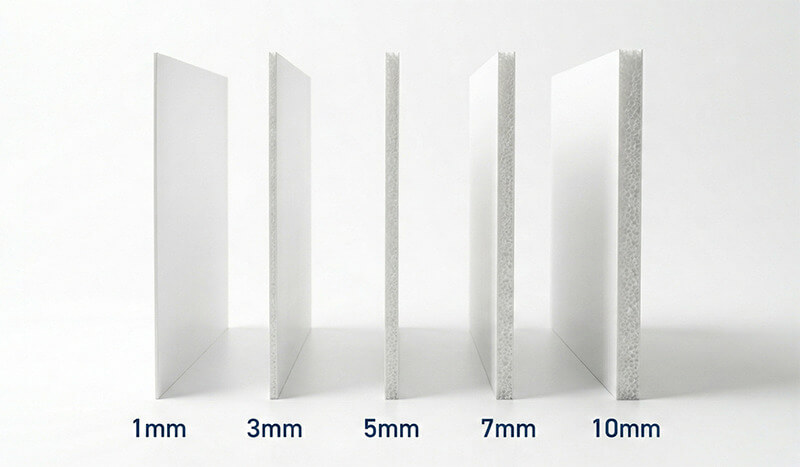 スチレンボードの厚み比較:1mm・3mm・5mm・7mm・10mmを並べた写真
