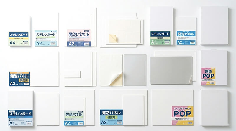 スチレンボード主要ブランドの製品集合写真:goo!パネ・ウッドラックパネル・ハレパネ・のりパネ・ミラボードSS