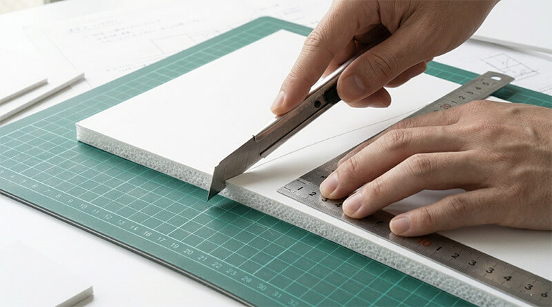 スチレンボードをカッターナイフと定規で切断している様子