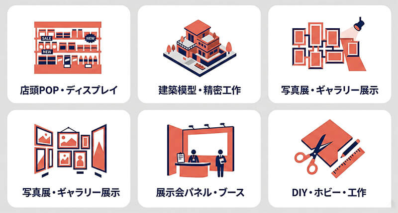 スチレンボードの用途別イラスト:POP・建築模型・写真展示・展示会・DIY